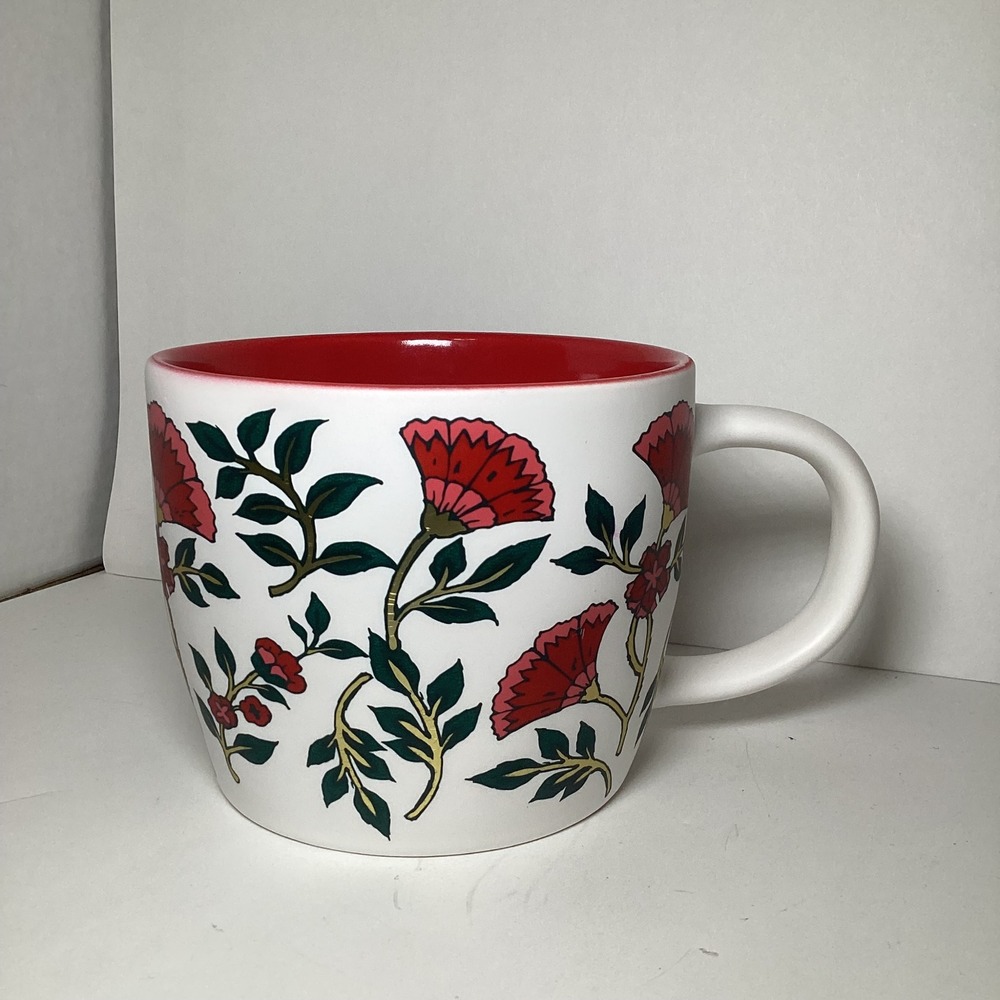 Peppermint & Pine Red Carnation Floral Ceramic Coffee Mug White Red Interior